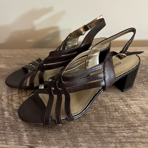 Vintage East 5th Brown Leather Open Toe Heels Shoes Women’s Size 6 Buckle - Picture 2 of 10